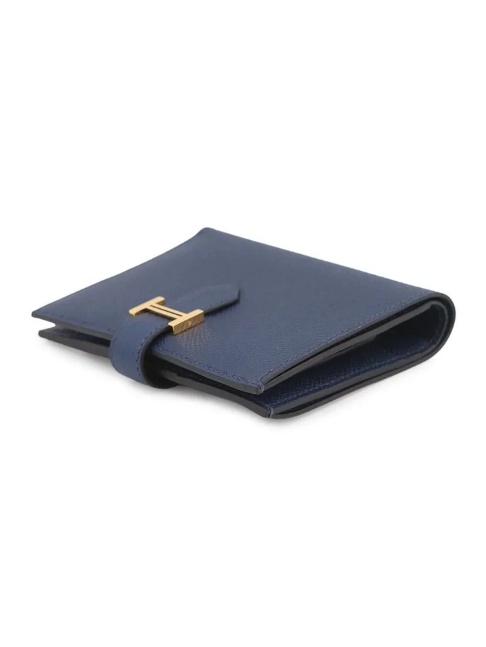 Hermes Bifold Wallet Bearn Compact Blue Navy Gold Epsom